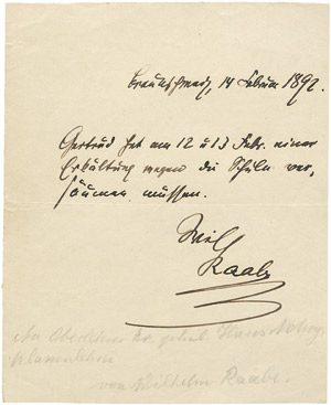 Lot 2121, Auction  106, Raabe, Wilhelm, Billet 1892