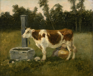 Lot 6108, Auction  122, Bonheur, Rosa, Braun-weiß gefleckte Kuh auf einer Weide mit Melkerin