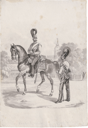 Lot 6665, Auction  123, Berlin, um 1800. Zwei Wachsoldaten im Park von Schloss Charlottenburg in Berlin