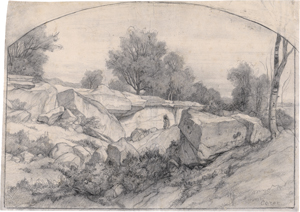 Lot 6676, Auction  123, Bertin, François-Edouard, Holzsammler in felsigem Hohlweg im Wald von Fontainebleau