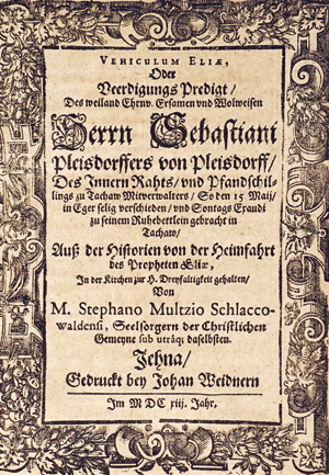 Los 829 - Mulzius, Stephan - Vehiculum Eliae. Jena, Johan Weidner, 1613. - Beerdigungspredigt aus der "historie von der Heimfahrt der Propheten Eliae" von dem Seelsorger der christlichen Gemeinde" Stephan Mulzius - 0 - thumb