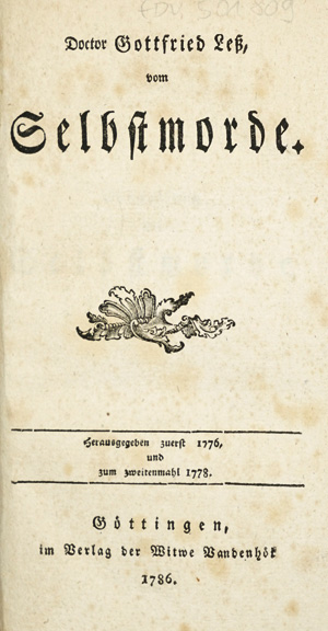 Los 1651 - Less, Gottfried - Vom Selbstmorde. Göttingen, Anna Vandenhoeck, 1786 - 0 - thumb