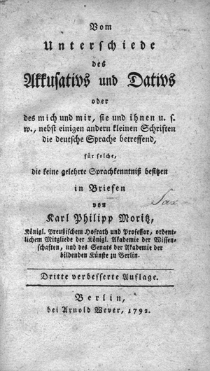 Los 1669 - Moritz, Karl Philipp - Vom Unterschiede des Akkusativs und Dativs. Berlin, Arnold Wever, 1792. - Seltene dritte Auflage - 0 - thumb
