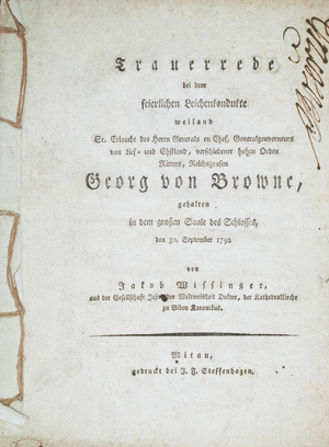 Los 1755 - Wissinger, Jakob - Trauerrede bei dem feierlichen Leichenkondukte weiland Georg von Browne. Mitau, J. F. Steffenhagen, 1792. - Nicht im KVK - 0 - thumb