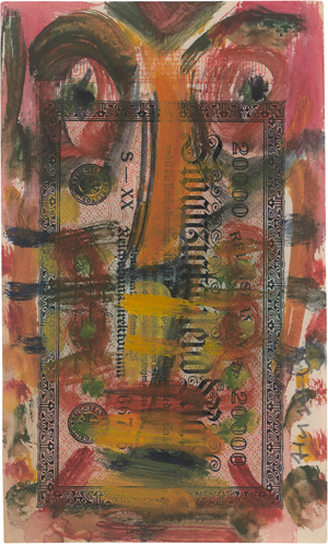 Los 3167 - Hussel, Horst - Zwei Köpfe en face. Gouache auf Inflationsgeldscheinen von 1923. Um 2008. - Signiert. - 0 - thumb