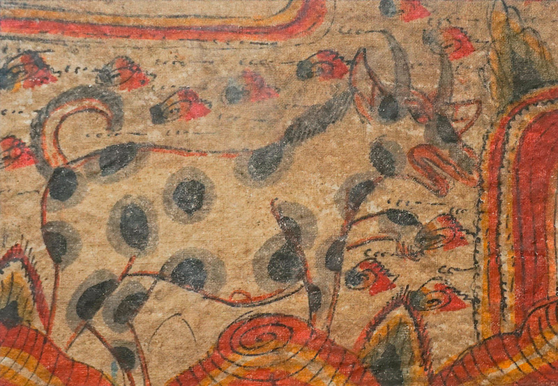 Lot 915, Auction  125, Textilfragment mit Tiermotiv u. Dekor, Deckfarbenmalerei auf Leinengewebe. Wohl Mittel- oder Osteuropa 19. Jahrhundert