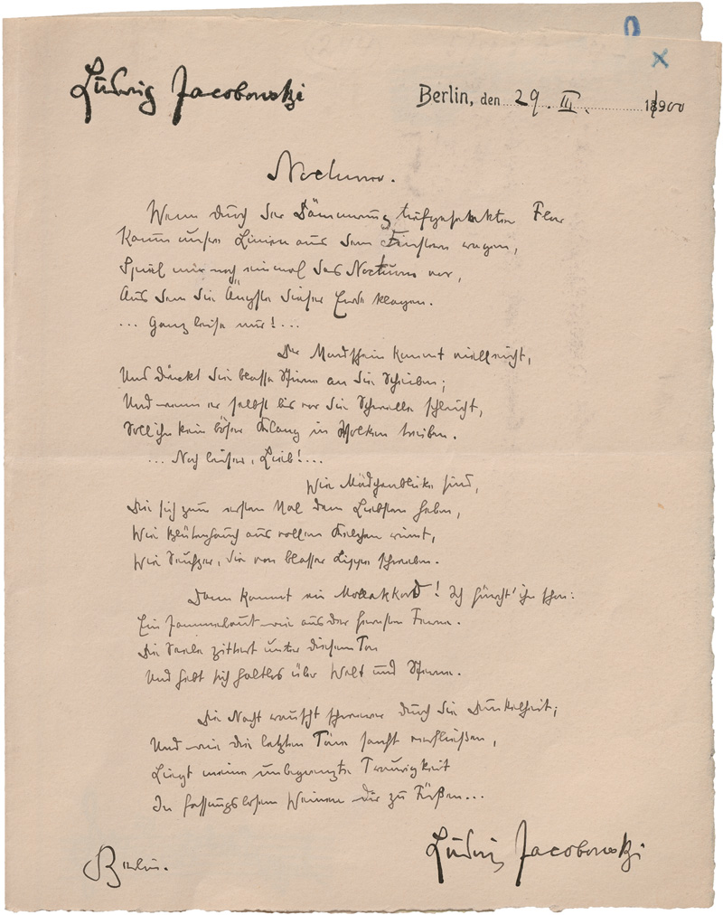 Lot 2029, Auction  125, Jacobowski, Ludwig, Eigenhändiges Gedicht mit Unterschrift. 1900 