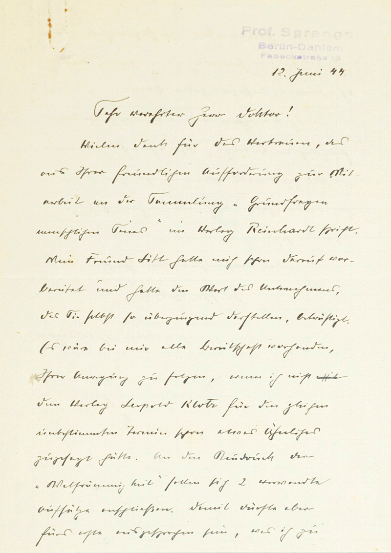 Lot 2078, Auction  125, Spranger, Eduard, Brief an einen Kollegen. (1944)