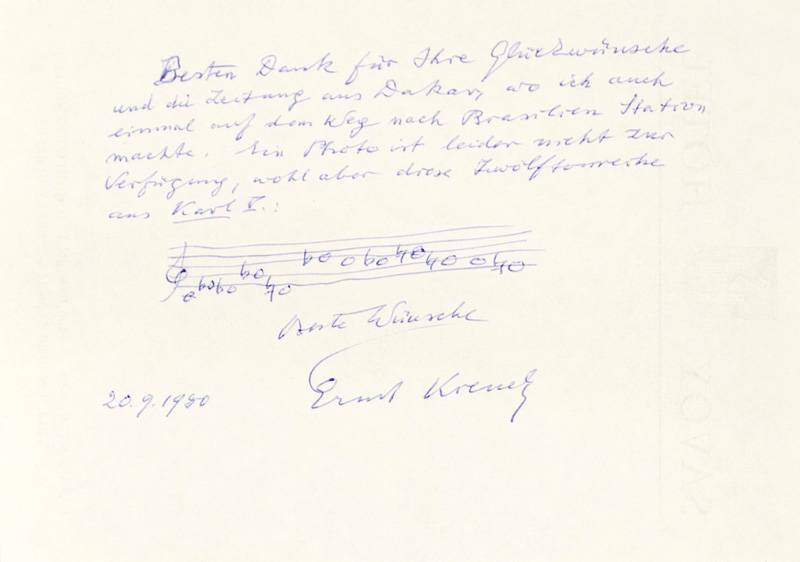 Lot 2161, Auction  125, Krenek, Ernst, Billet mit Notenzeile im Text. 1980