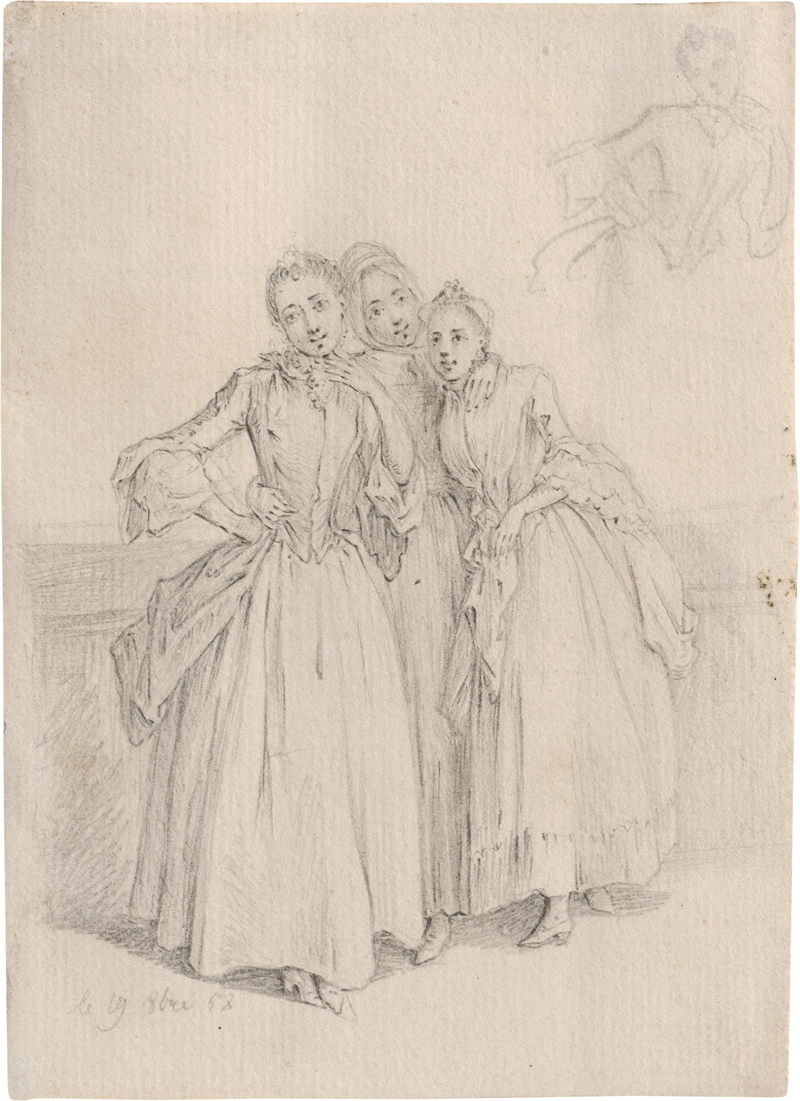 Lot 6526, Auction  125, Chodowiecki, Daniel, Drei junge Damen, stehend von vorn, sich umschlungen haltend. 