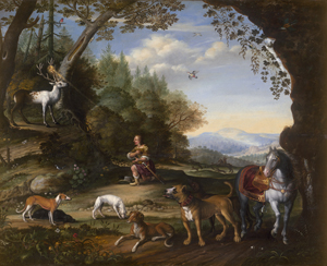 Lot 6021, Auction  126, Niederländisch, 1653. Die Bekehrung des hl. Hubertus im Wald