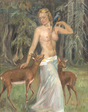 Lot 6223, Auction  126, Unger, Hans, Weiblicher Halbakt mit Rotwild und Papagei