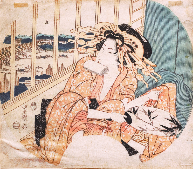 Lot 679, Auction  126, Toyokuni, Utagawa, Geisha sitzend mit Fächer in der Hand.