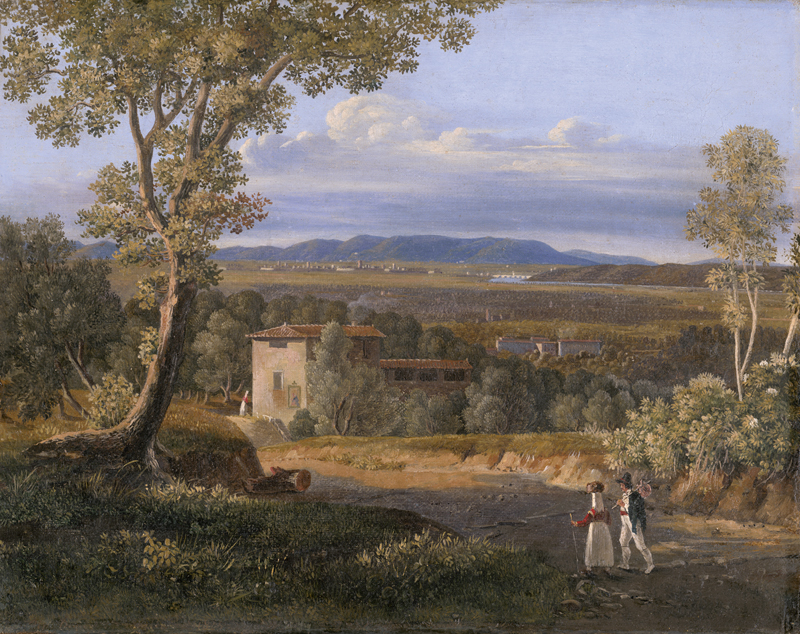 Lot 6053, Auction 126, Deutsch, 1825. Reisendes Paar bei einem Gehöft, im Hintergrund Blick auf Lucca mit dem Ponte San Quirico