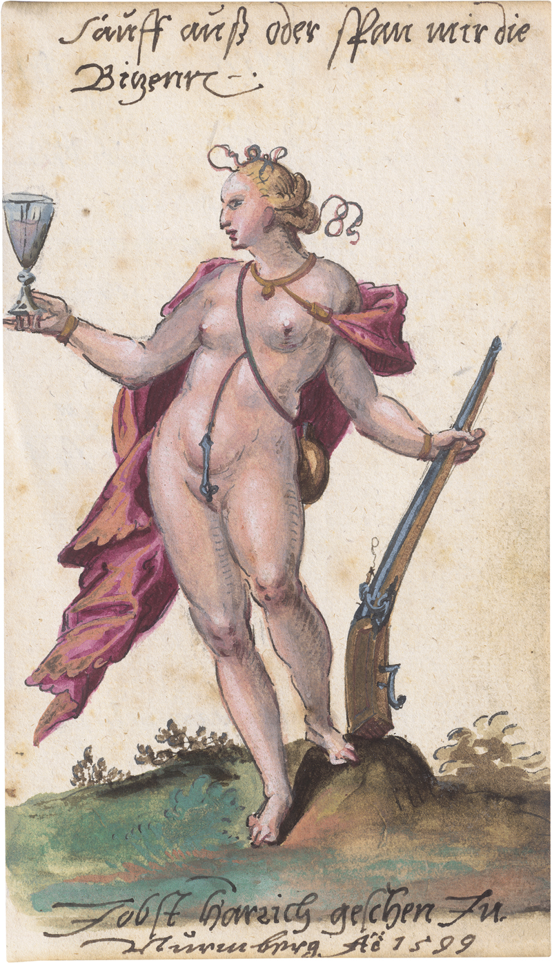 Lot 6504, Auction 126, Harrich, Jobst, Weibliche Figur mit Flinte und Weinglas