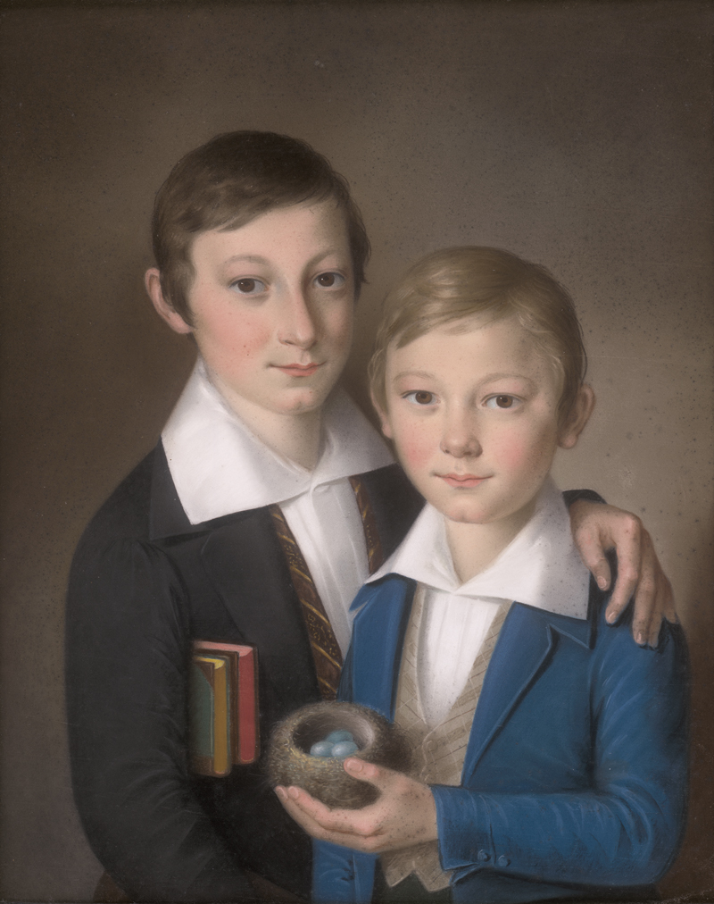 Lot 6680, Auction  126, Deutsch, Anfang 19. Jh. Porträt zweier Brüder, der ältere mit Büchern unter dem Arm, der jüngere mit Vogelnest und Amseleiern