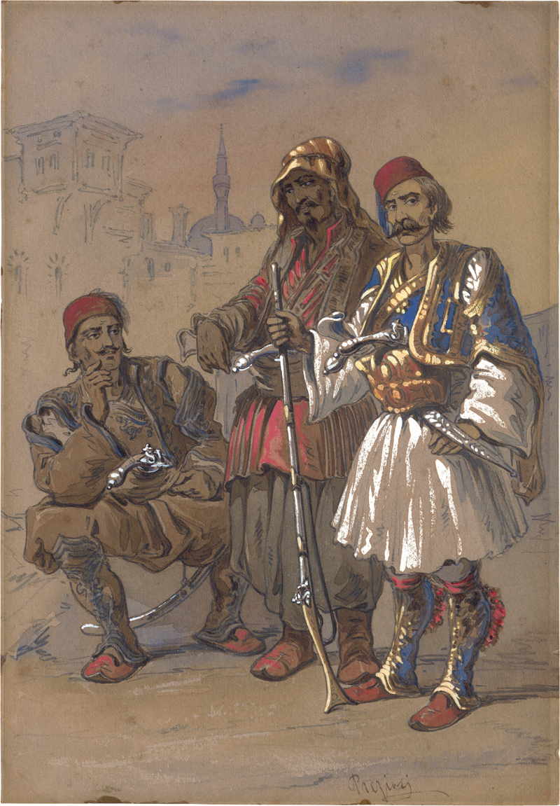 Lot 6707, Auction  126, Preziosi, Amadeo, Drei osmanische Krieger vor der Kulisse Istanbuls