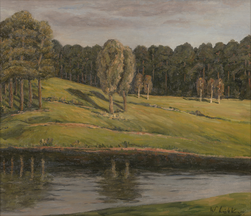 Lot 7004, Auction 126, Leistikow, Walter, Hügeliges Ufer mit Baumgruppen vor einem Kiefernwald, Abendlicht